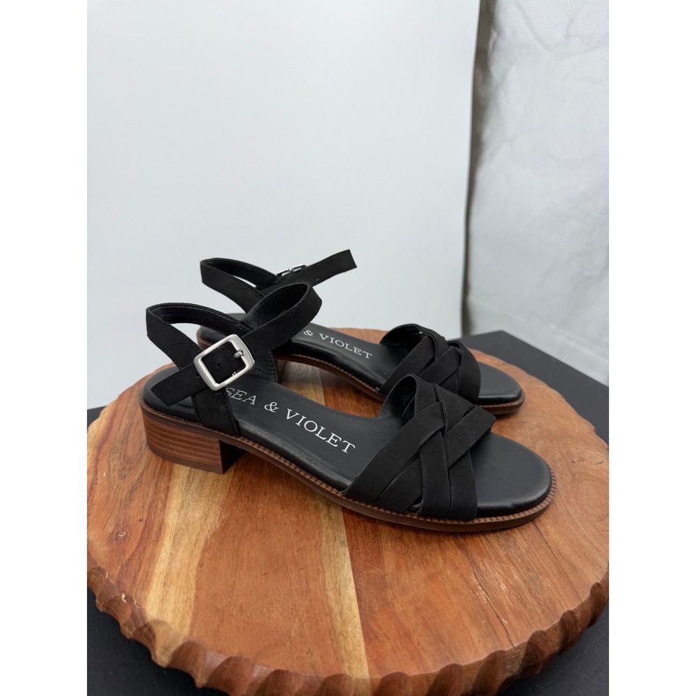 Chelsea & Violet Este Strappy Block Heel Sandal sz 8.5 Black Leather Ankle Strap